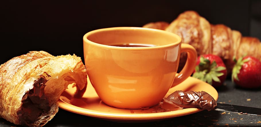 food, wood, cup, mug, breakfast, close-up, croissant, saucer HD wallpaper