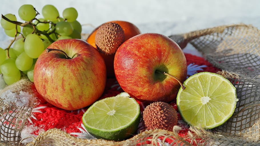 sliced citrus and two red apple fruits, mandarin, healthy, deco HD wallpaper