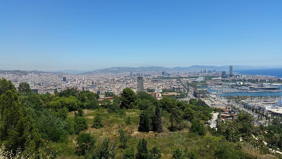 barcelona, spain, skyline, overview, blue, mountains, architecture HD wallpaper
