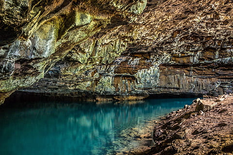 body of water inside cave, spelunk, scene, cavern, underground HD wallpaper
