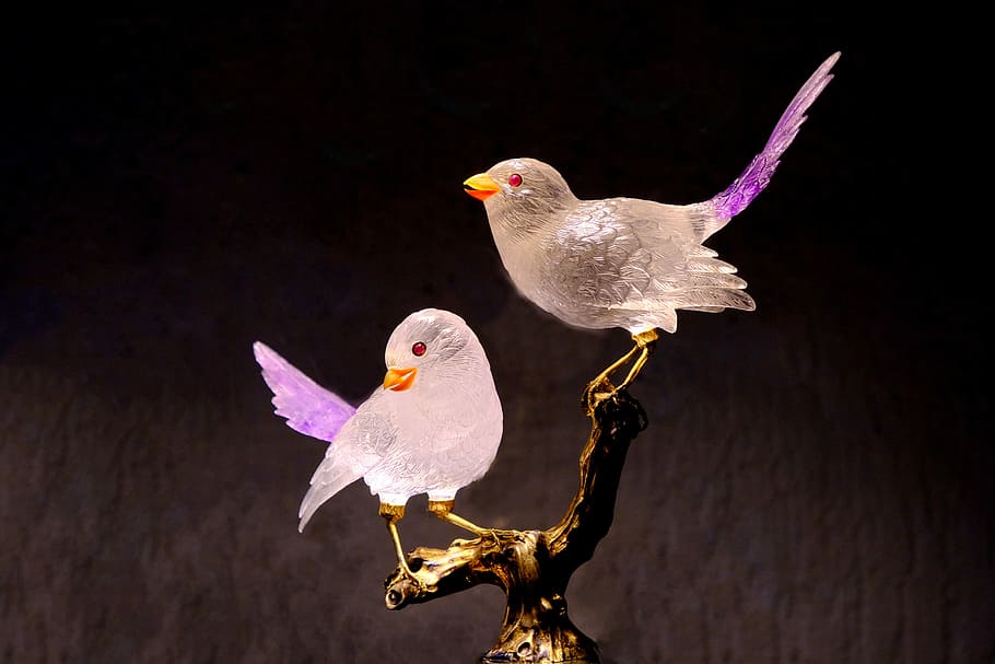 two birds perched on tree, sculpture, gem, crystal, mineral, stone