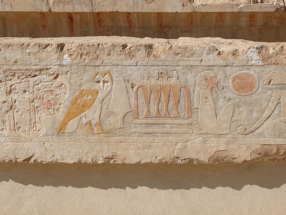 Hieroglyphics on sand, egypt, relief, temple, owl, hatshepsut temple, HD wallpaper