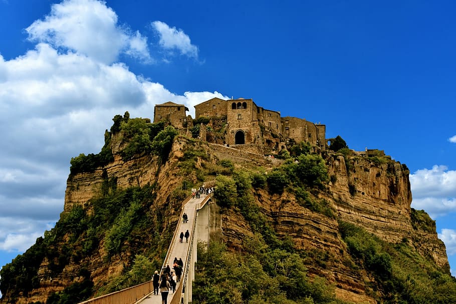 city, village, hill, cliffs, hiking, human, mountain, hike HD wallpaper