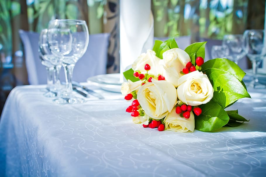 Bouquet, Wine Glasses, Table, wedding, celebration, elegance, HD wallpaper