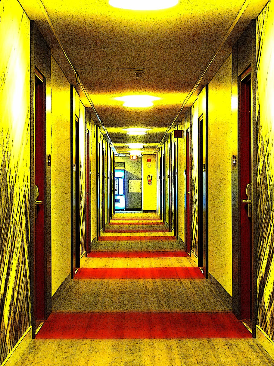 hallway, lightened, hotel, comic, building, architecture, interior HD wallpaper