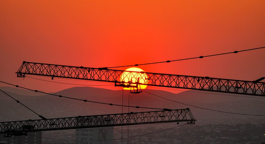 sunset, construction, crane, sky, dusk, orange, mongolia, built structure HD wallpaper