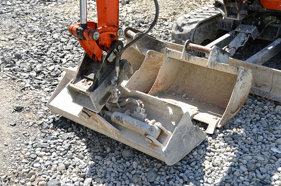 gray and orange heavy equipment, backhoe bucket, site, excavators HD wallpaper