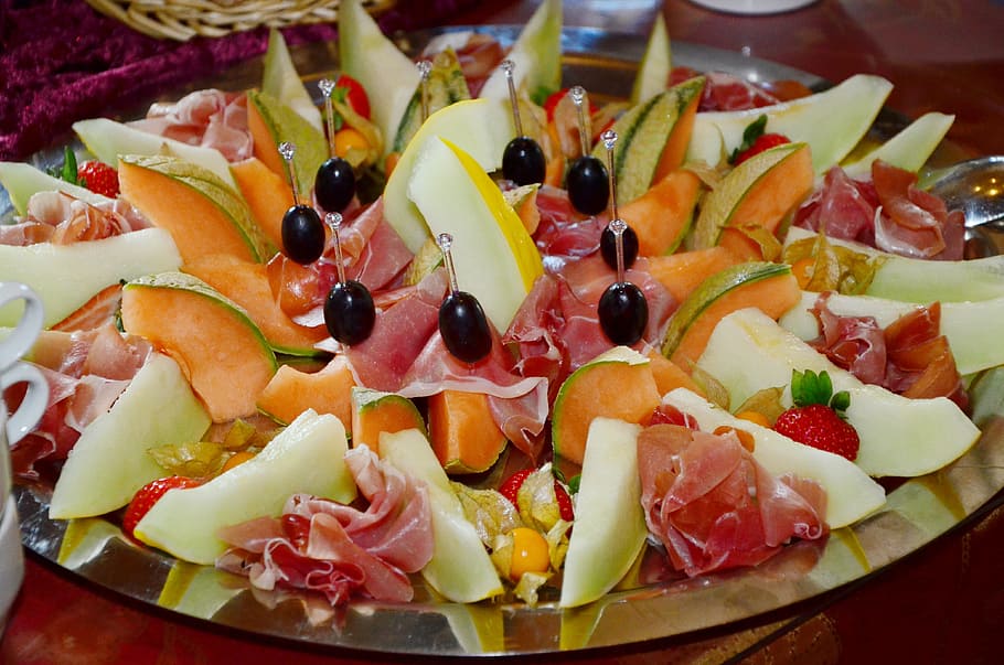 assorted sliced fruits and meat on silver platter, melon, cantaloupe HD wallpaper