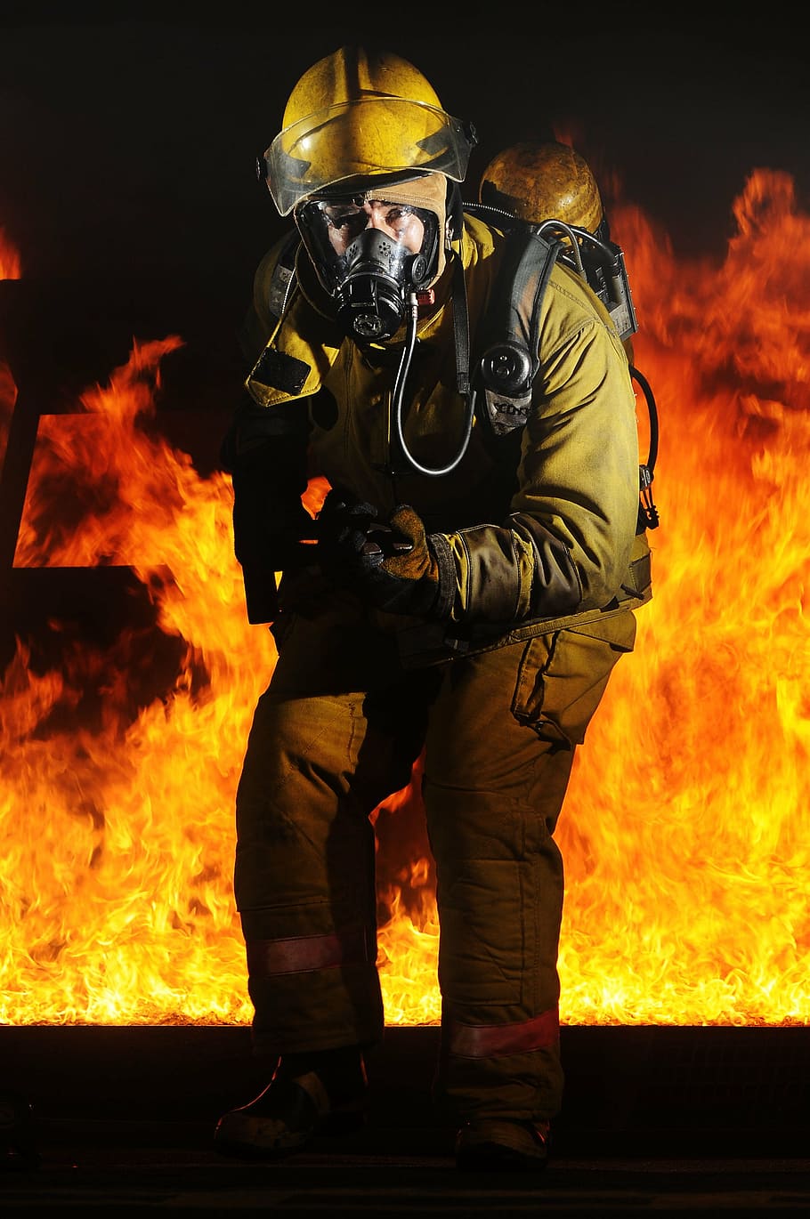 firelighter with fire background, firefighter, portrait, training, HD wallpaper
