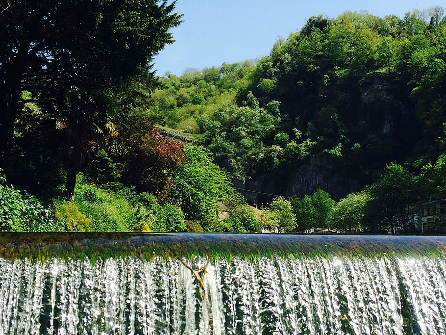 waterfall, splash, nature, blue sky, scenic, cascade, fresh HD wallpaper