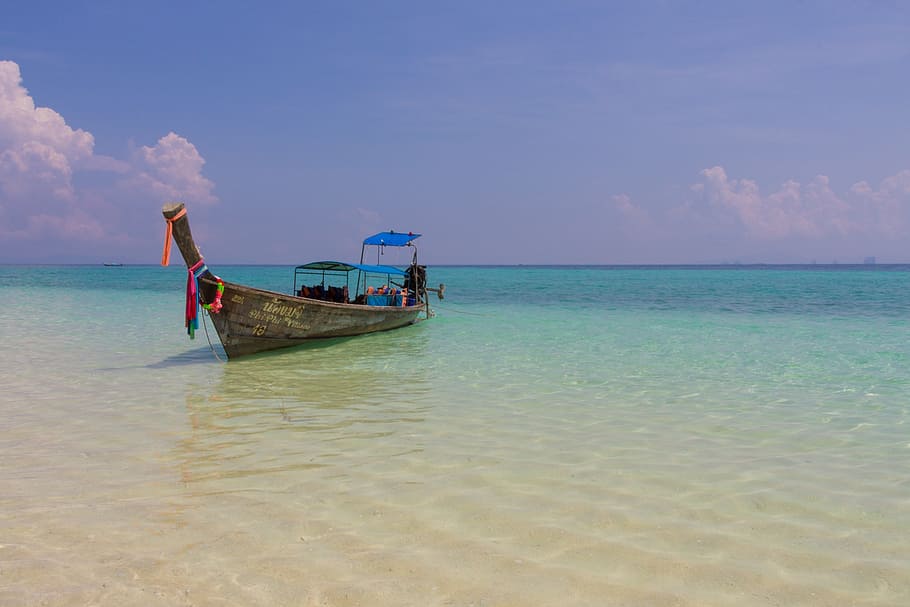 brown canoe in ocean water during daytime, sea, ship, sky, blue HD wallpaper