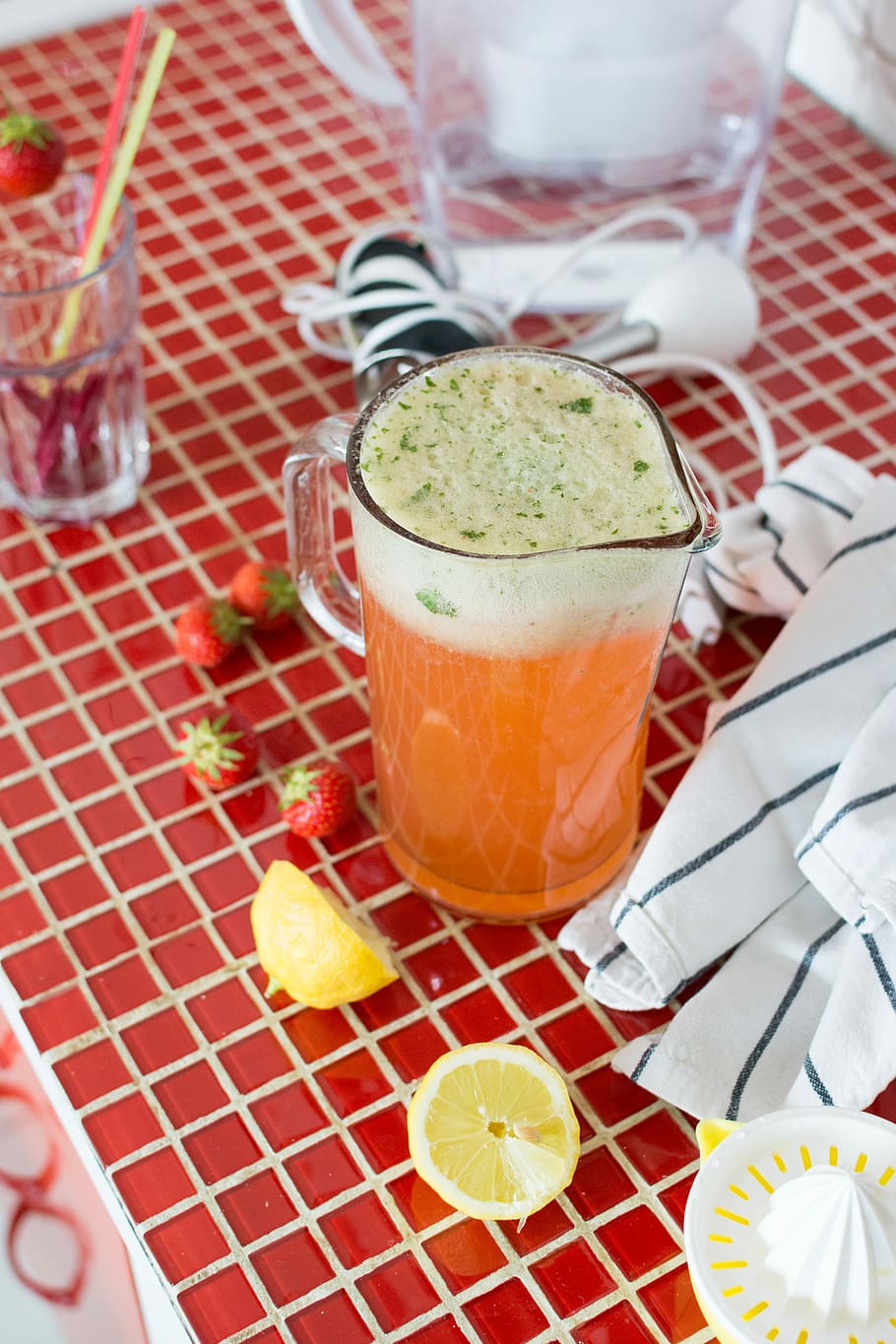 Homemade strawberry and basil lemonade, drink, fresh, kitchen