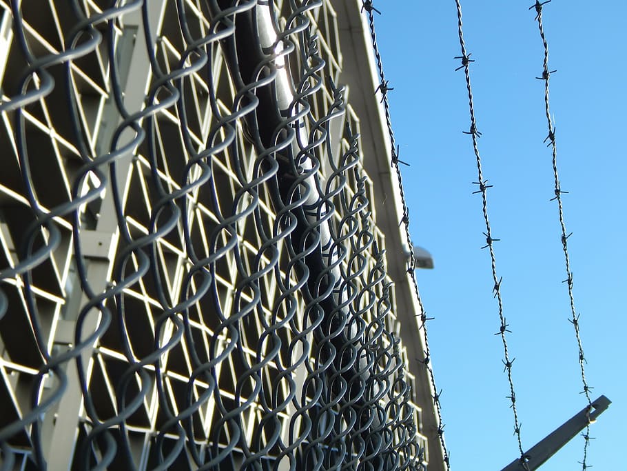 close up photo of chain-link fence, prison, jail, barbed, wire