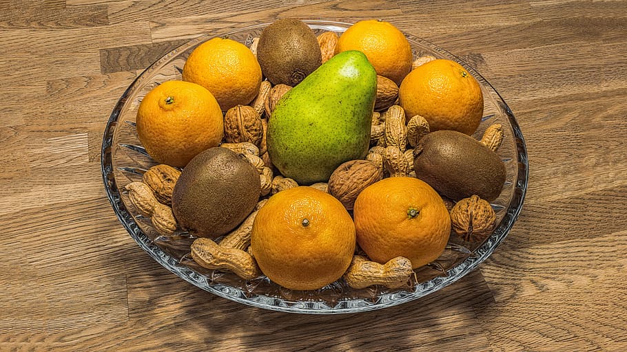assorted fruit in glass bowl, fruit bowl, nuts, fruits, healthy
