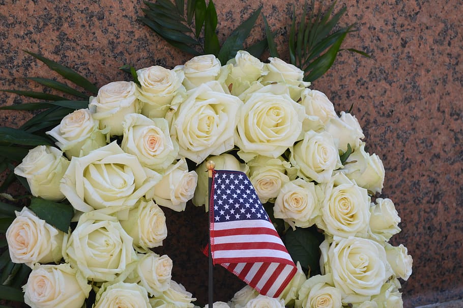 flowers, sheaf, white, flag, tribute, commemoration, normandy HD wallpaper