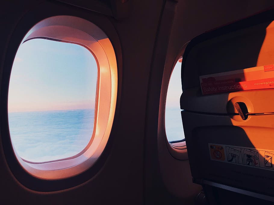 airplane window during daytime, inside photo of plane, sky, journey, HD wallpaper