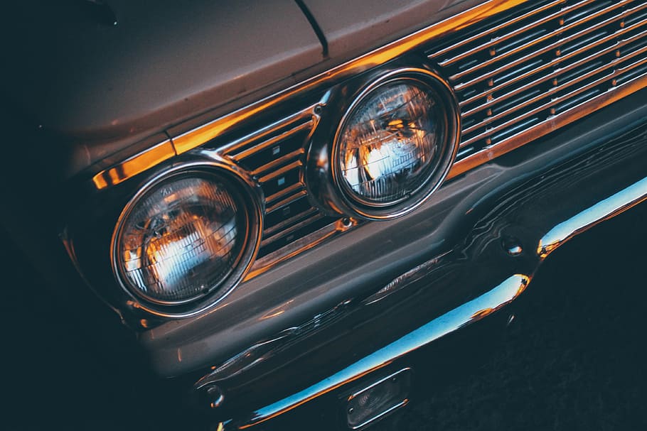 two round vehicle headlights in chrome grille, car, front, retro HD wallpaper