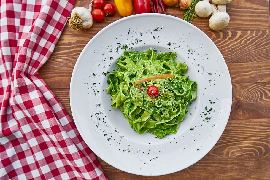 vegetable salad on white ceramic plate, vegetables, pasta, dough