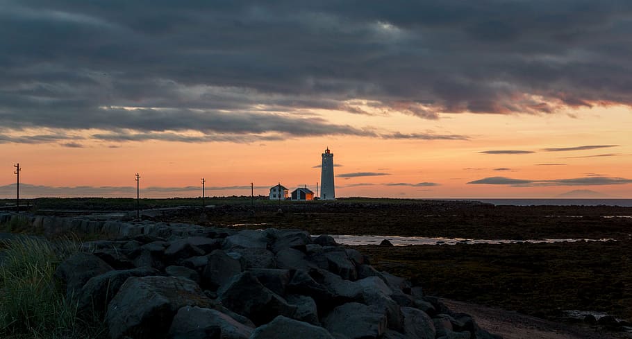 lighthouse, abendstimmung, iceland, sunset, reykjavik, coast HD wallpaper