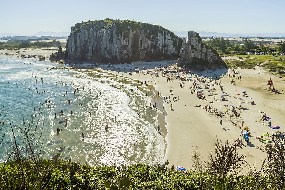 mar, beach, people, rocks, park, nature, landscape, beira mar HD wallpaper