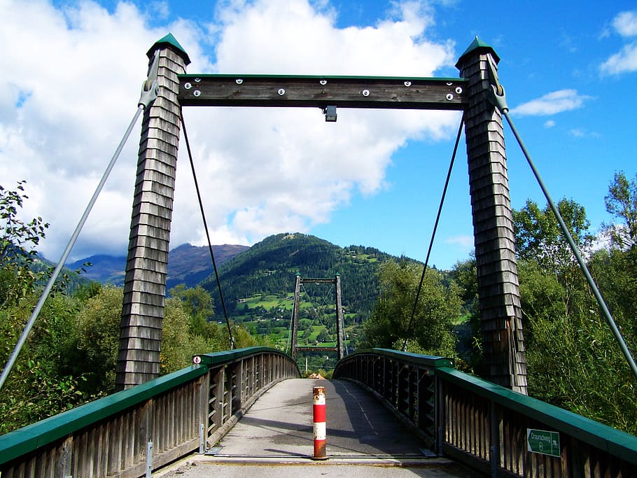 bridge over the drava, shingled bridge, buildup, mountains, HD wallpaper