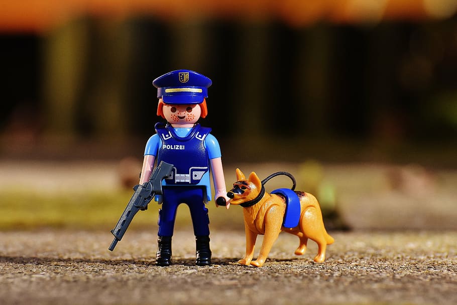 LEGO police toy, dog, dog guide, police dog, playmobil, small, HD wallpaper