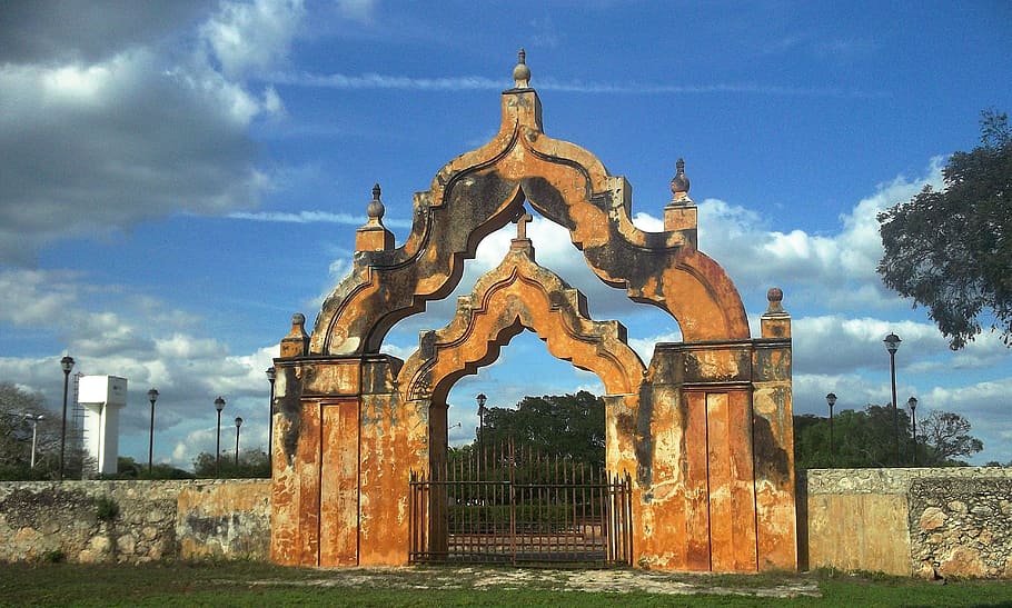 orange and black gate arch under blue sky, Mexico, Clouds, Entrance HD wallpaper