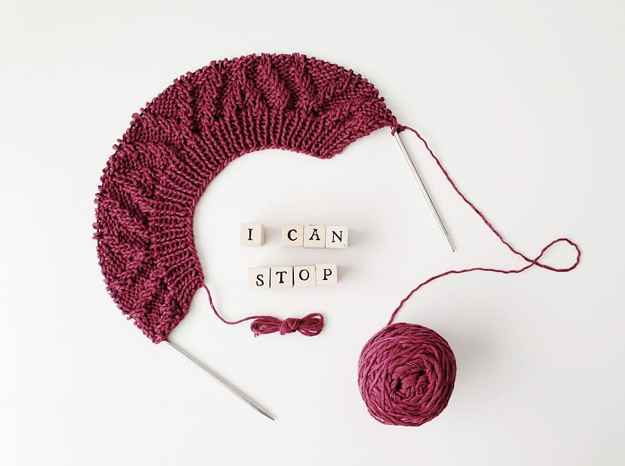 knitted purple necklace, red yarn, i can stop, letter, text, create