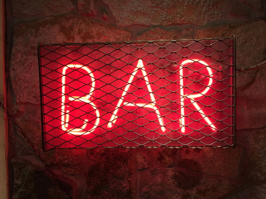 bar LED signage, turned-on red bar neon sign, light, dark, bright