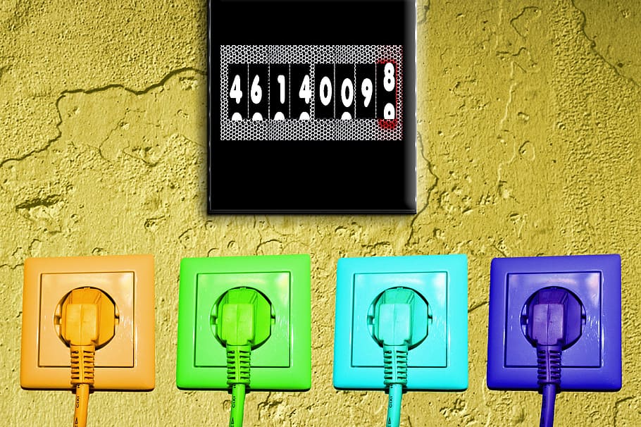 four assorted-color power plugs, socket, current, meter box HD wallpaper