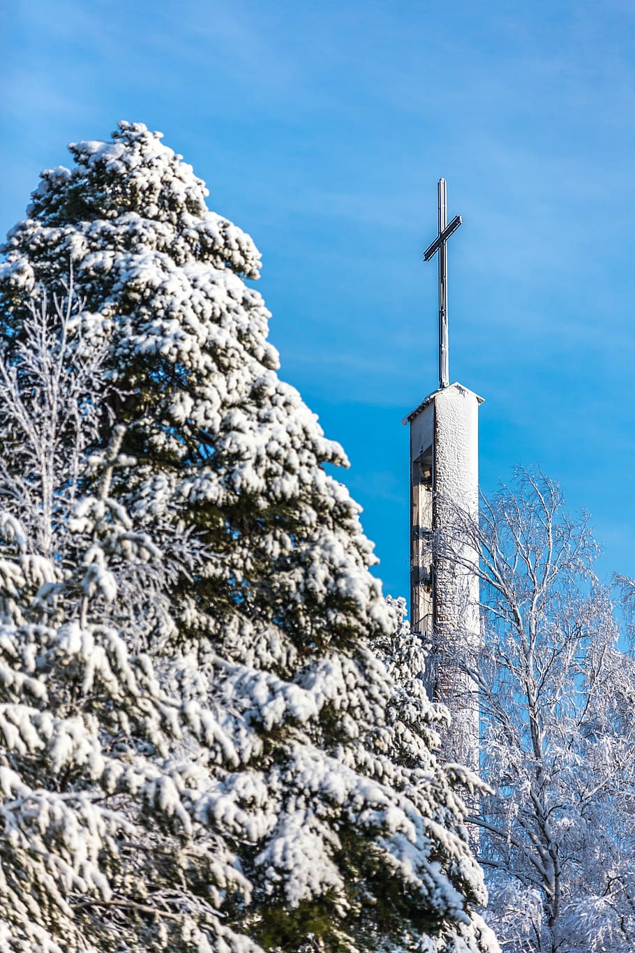 six, snow, cross, winter, church, cold temperature, tree, nature HD wallpaper