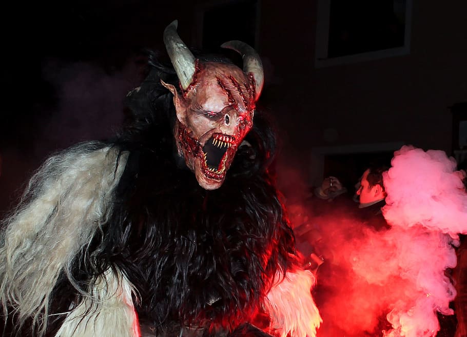 monster poster with red smoke, devil, fear, mask, horror, terrible HD wallpaper