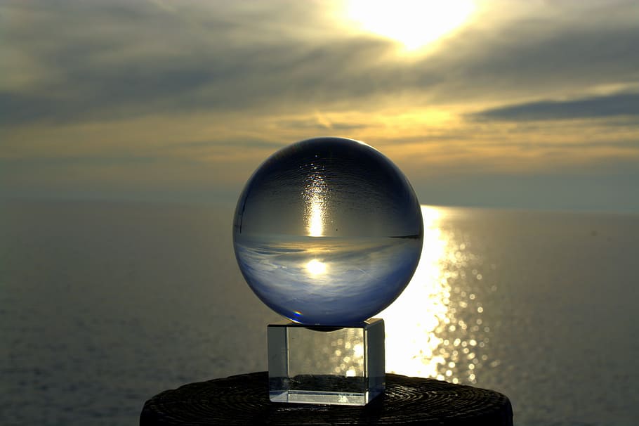 Ball, Photo, Glass, ball photo, glass ball, sunset, north sea, HD wallpaper