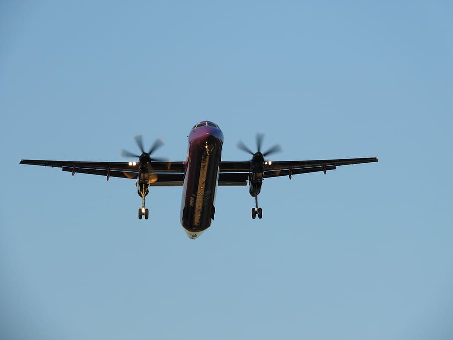 landing, aircraft, machine, front view, propeller, air vehicle HD wallpaper