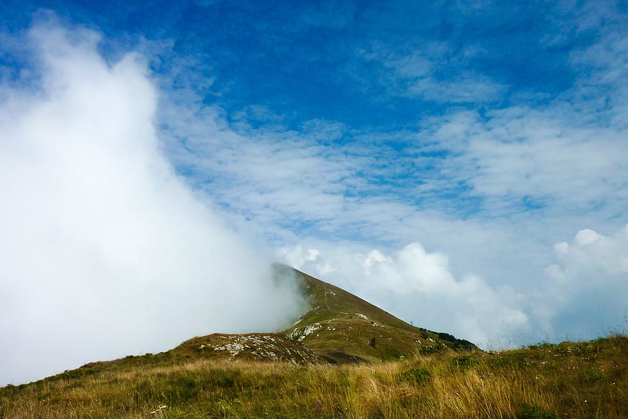 clouds, mountain, sky, trail, grass, landscape, italy, dawn HD wallpaper