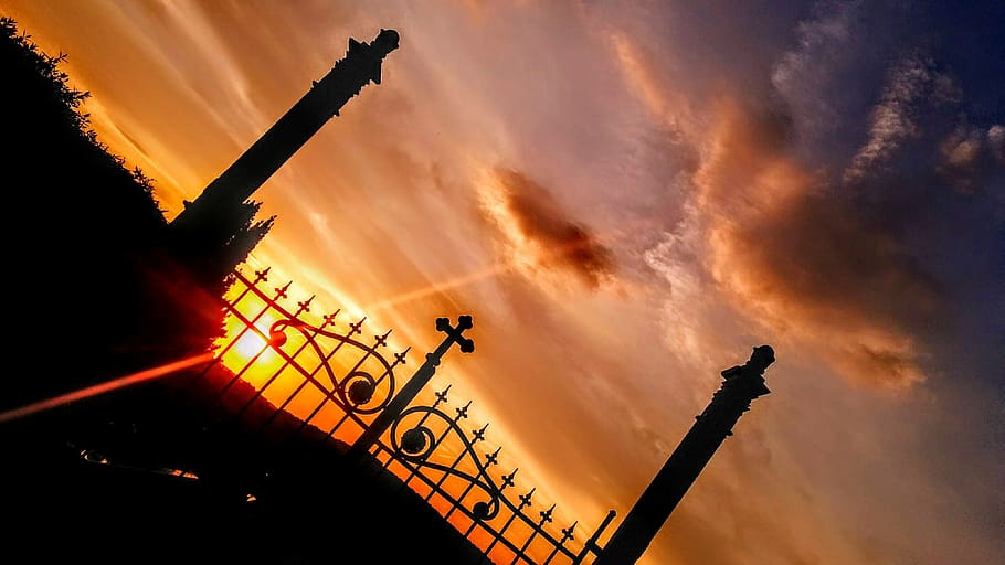 graveyard, gate, cross, evening, sun, sky, clouds, religion HD wallpaper