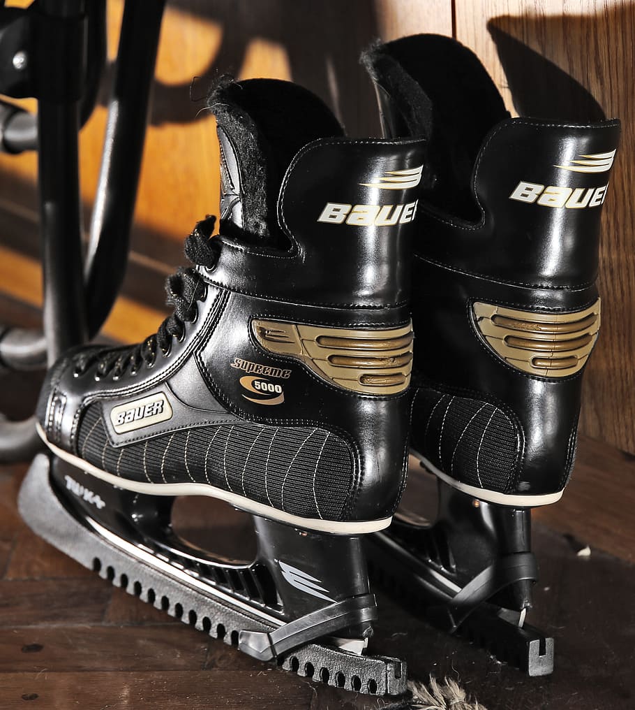 his maternal Mom HD wallpaper: pair of black Bauer ice hockey skates on brown wooden surface  | Wallpaper Flare