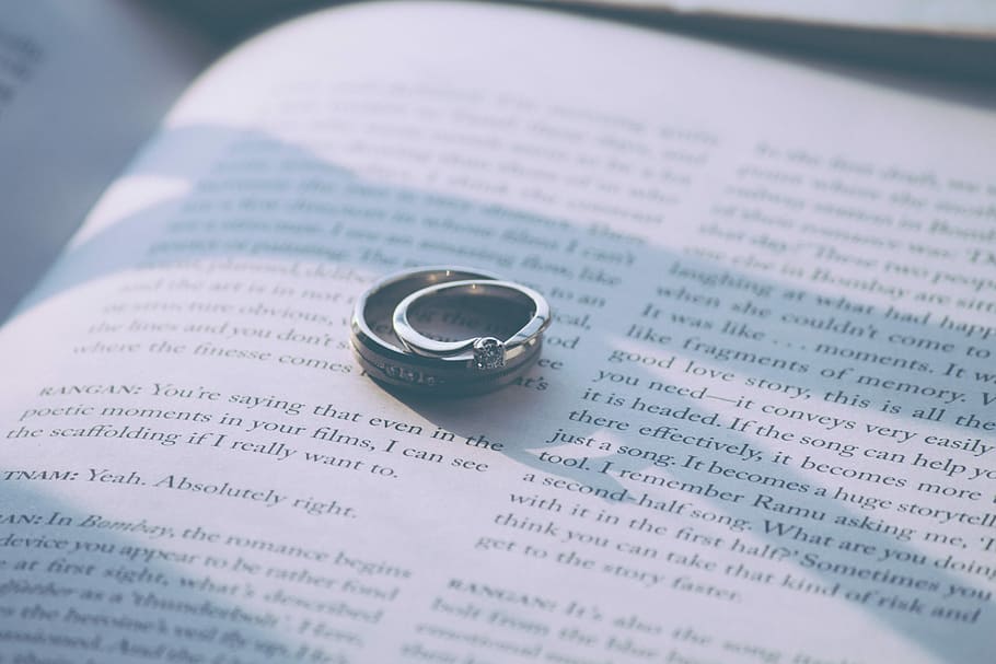 silver-colored ring on top of book page, silver-colored ring with clear gemstone on book page HD wallpaper