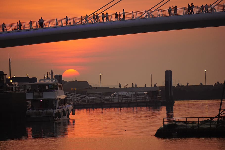 red, sunset, people, bridge, light, summer, landscape, nature HD wallpaper