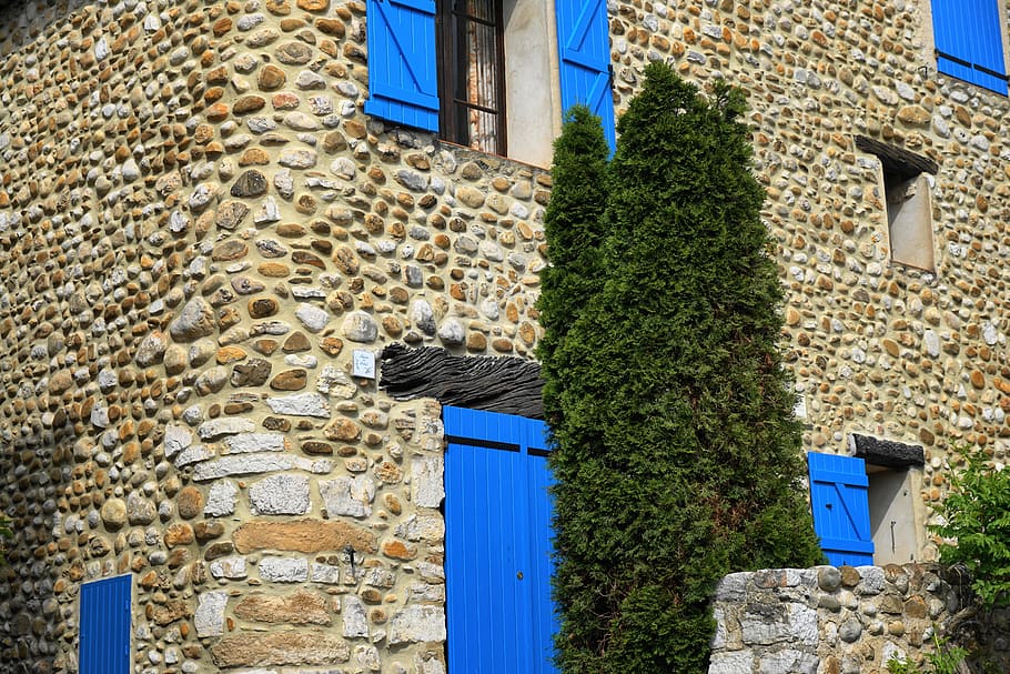 house, architecture, wall, old, stone, window, blue, france, HD wallpaper