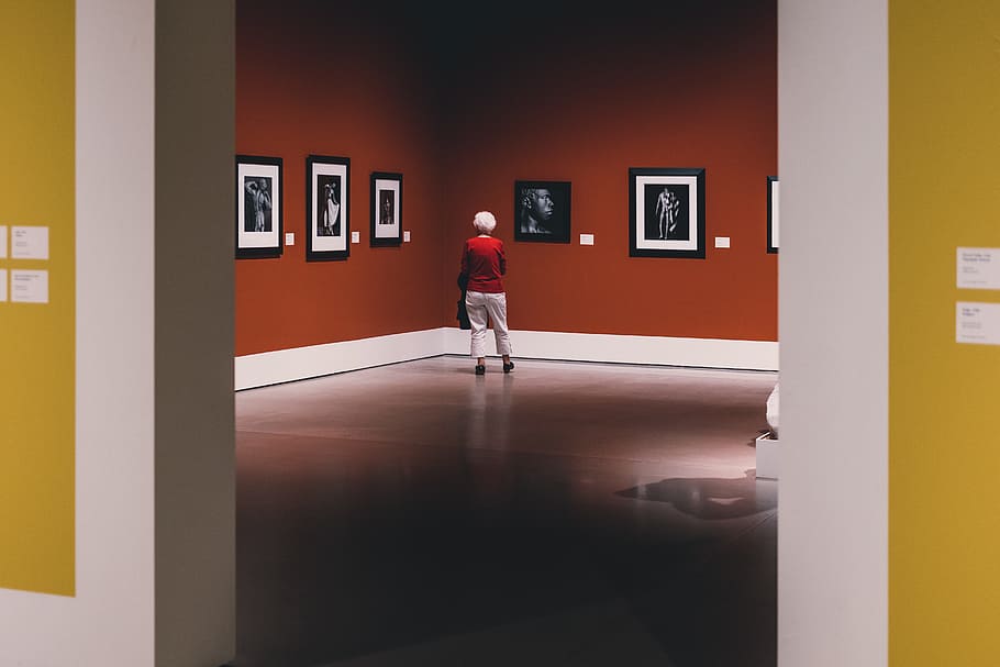person standing in front of paintings, alone, solo, art, gallery HD wallpaper