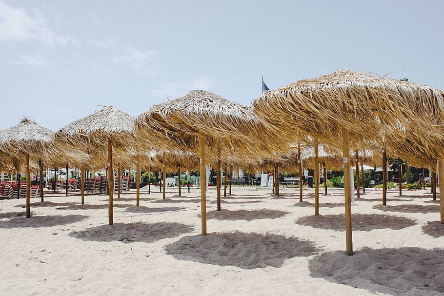 Thatched umbrellas on a beach, travel Locations, sand, sea, vacations HD wallpaper