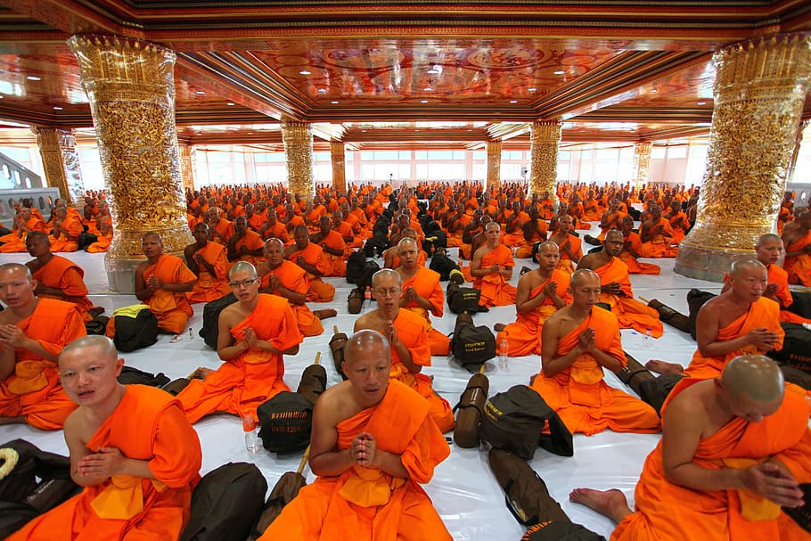 temple, monks, pray, buddhists, thailand, meditate, group, asia HD wallpaper