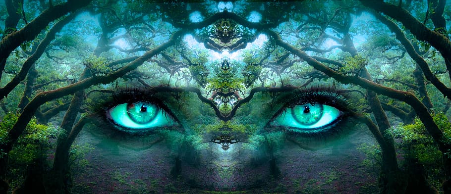 nature eye portrait painting, fantasy, eyes, forest, aesthetic