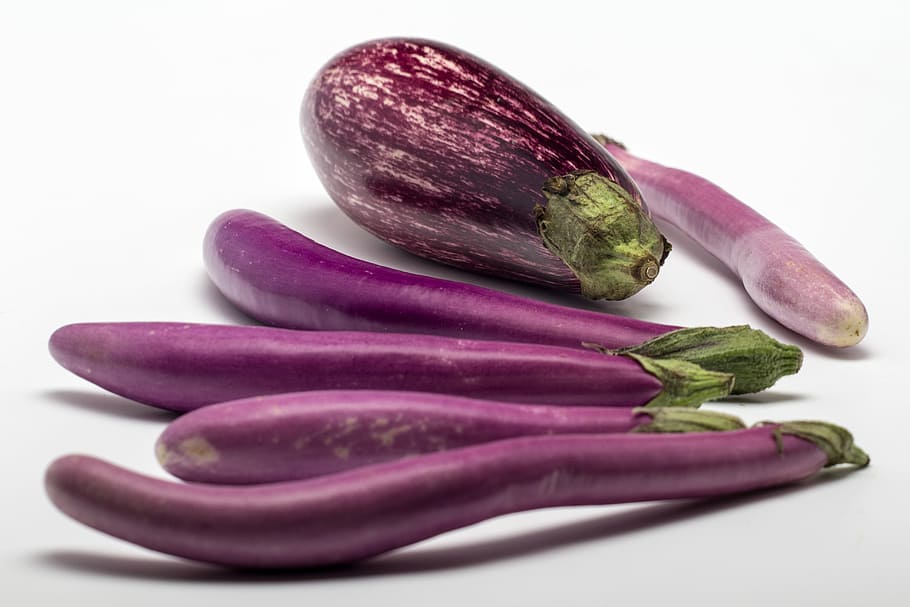 eggplants on white surface, Fruit, Still Life, vegetable, healthy eating HD wallpaper