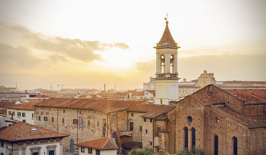 white and brown concrete buildings, sunset, cityscape, bell tower HD wallpaper
