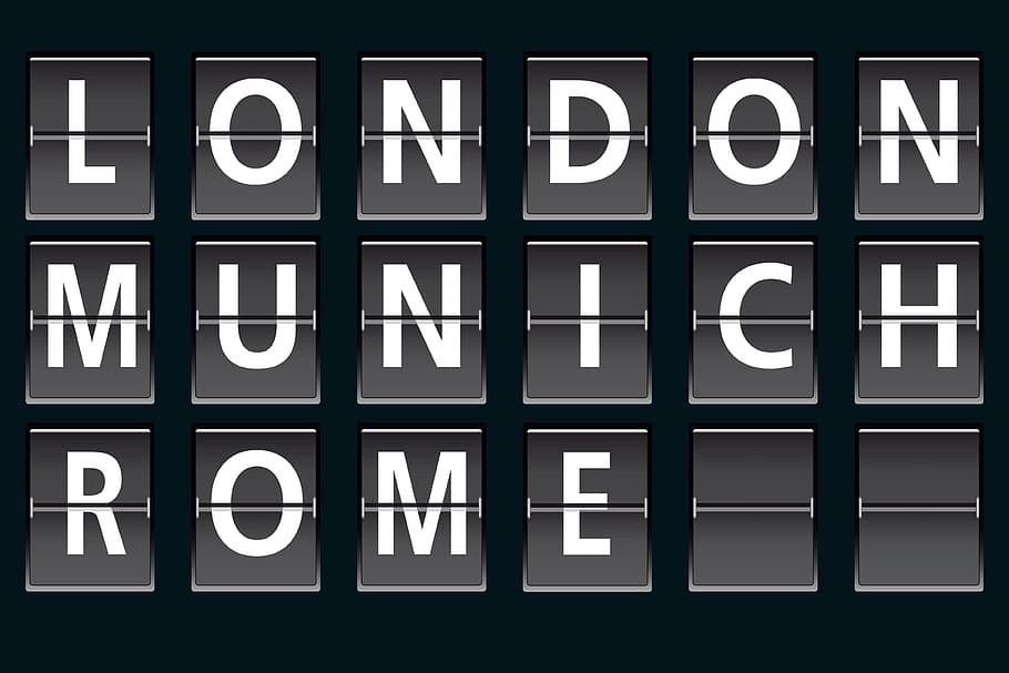 London Munich Rome text, airport, scoreboard, departure, arrival, HD wallpaper