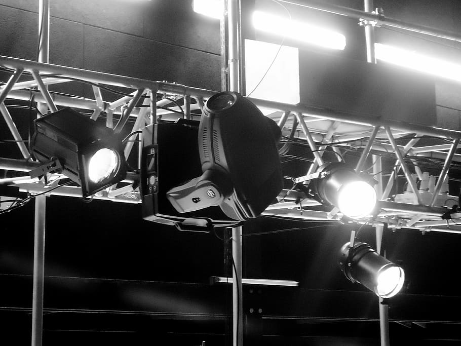 grayscale photography of turned on stage spotlights, projectors HD wallpaper