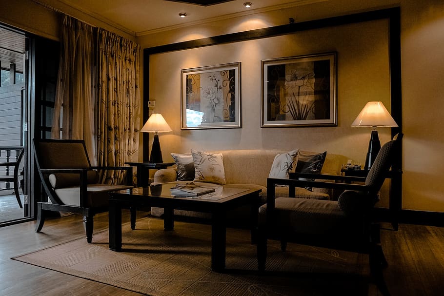 untitled, room, inside, couch, lampshades, frame, curtain, glass HD wallpaper