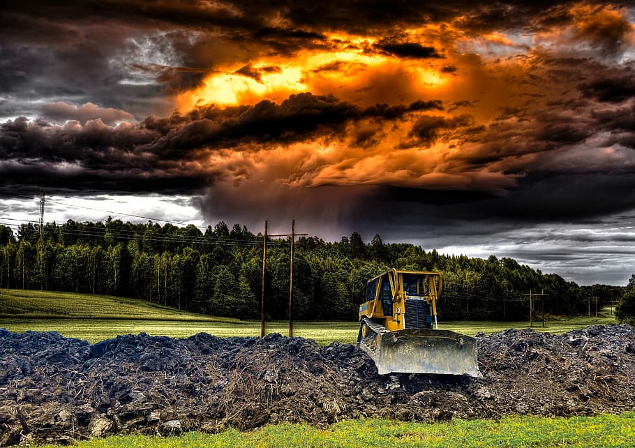yellow loader on bulk of soil, bulldozer, work, dramatic, cloud's HD wallpaper